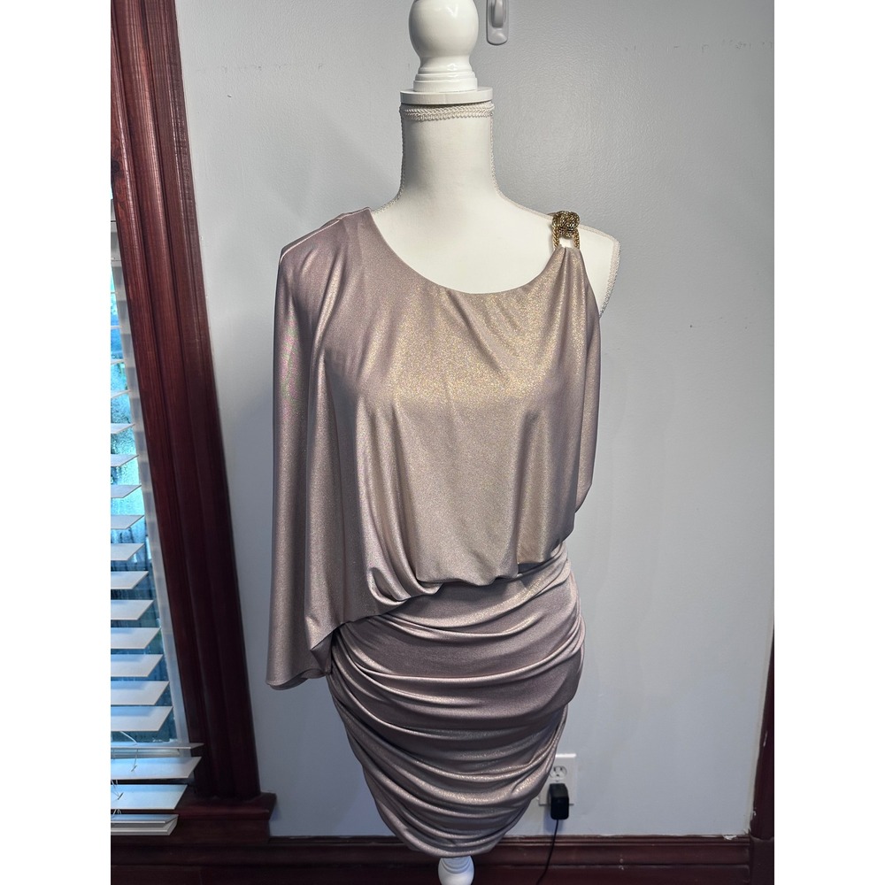 Betsy & Adam Metallic Gold Shimmer One Shoulder Runched Cape Bodycon dress 6
